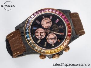 Daytona DIW Carbon Case DIWF Edition Black Dial Rainbow Diamonds Bezel on Brown Nylon Strap A7750 - Image 7