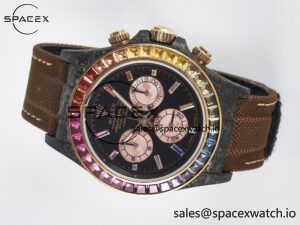 Daytona DIW Carbon Case DIWF Edition Black Dial Rainbow Diamonds Bezel on Brown Nylon Strap A7750 - Image 8