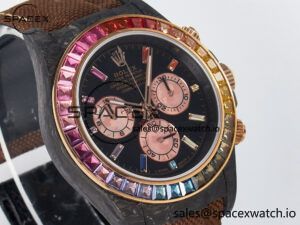 Daytona DIW Carbon Case DIWF Edition Black Dial Rainbow Diamonds Bezel on Brown Nylon Strap A7750 - Image 3
