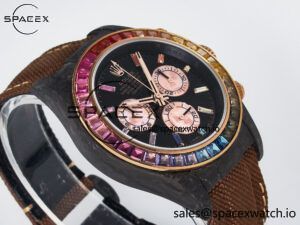 Daytona DIW Carbon Case DIWF Edition Black Dial Rainbow Diamonds Bezel on Brown Nylon Strap A7750 - Image 6