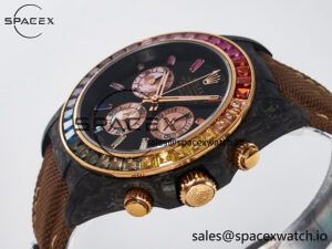 Daytona DIW Carbon Case DIWF Edition Black Dial Rainbow Diamonds Bezel on Brown Nylon Strap A7750 - Image 5