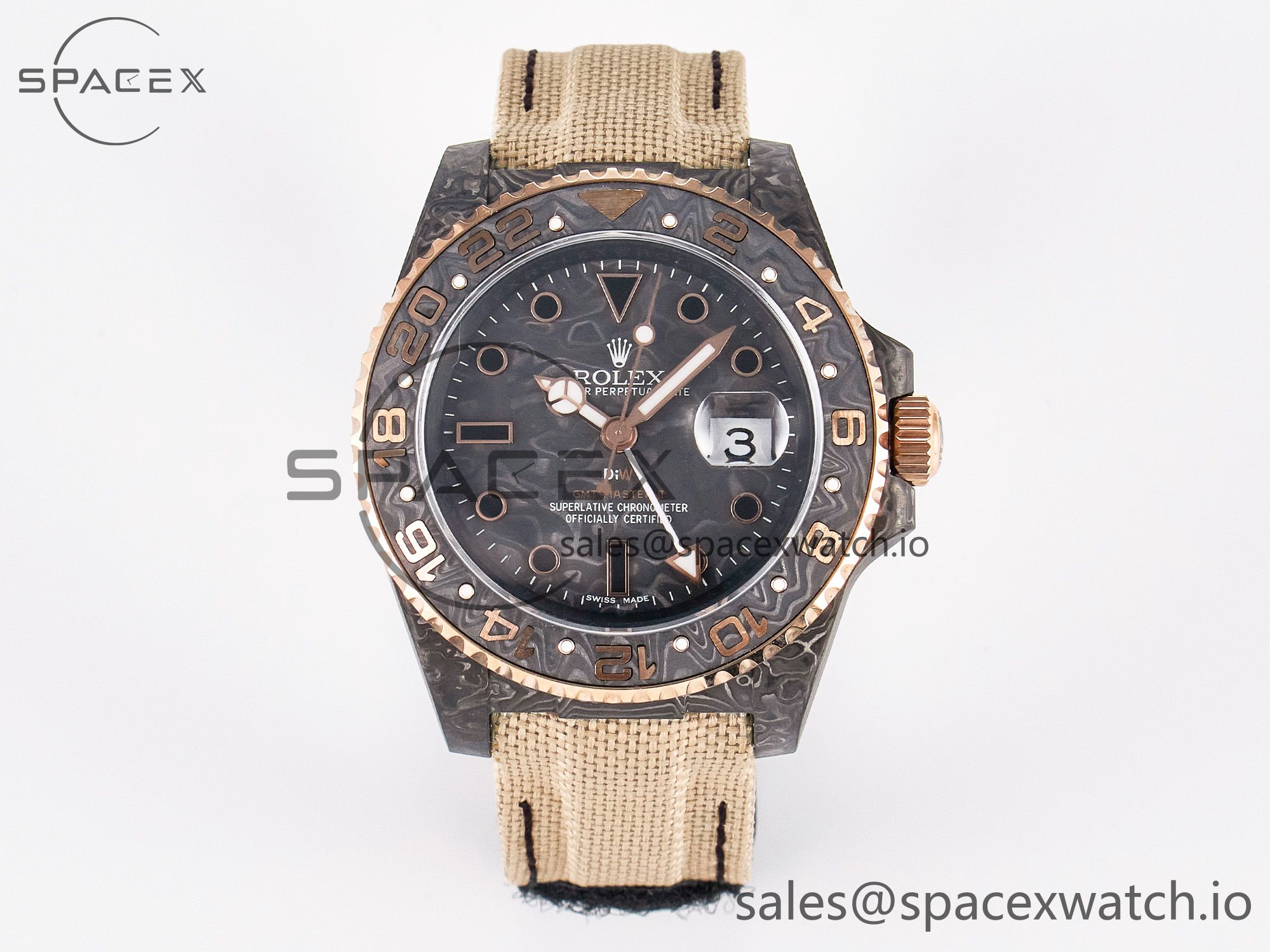 IMG_3731 拷贝 1GMT Carbon DIWF Best Edition Black Carbon Dial RG Markers on Beige Nylon Strap SA3186 CHS - Image 1