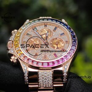 Rolex Daytona Series 116595RBOW Rainbow Di 1:1 Customized 18K Pure Gold Case, Strap, Buckle, Customized Best True Diamond Dial, Hands, Natural Sapphire Rainbow Outer Ring, Dandong 4130 Movement - Image 23