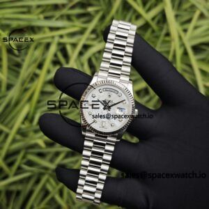 Rolex Day Date model m128239, diameter 36mm, custom best white mother of pearl dial, best alternative pointer, custom best calendar, stainless steel electroplated platinum case and strap - Image 11