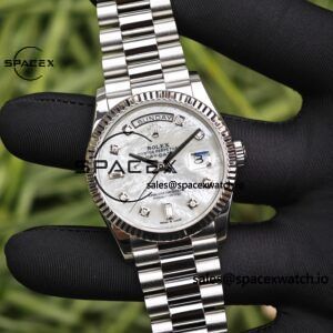 Rolex Day Date model m128239, diameter 36mm, custom best white mother of pearl dial, best alternative pointer, custom best calendar, stainless steel electroplated platinum case and strap - Image 13