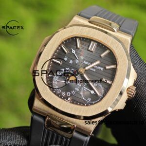 Patek Philippe Nautilus rose gold 5712R, 1:1 customized CNC18K pure gold case, rubber strap, best alternative dial pointer moon phase, ball top needle shaft, customized ACE240 integrated movement - Image 9