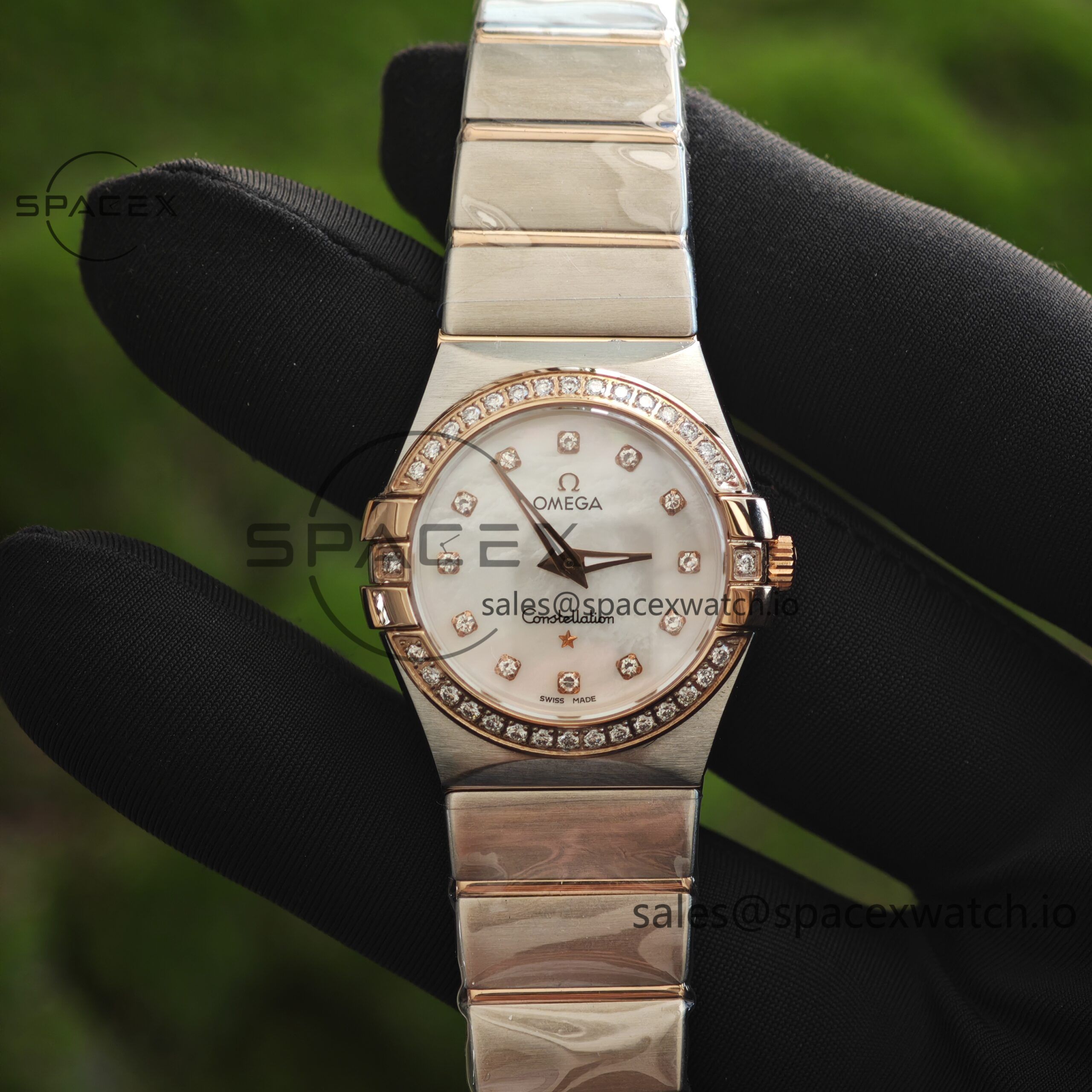 IMG_20250324_145329 Omega Constellation 27mm imported quartz movement women's watch diamond bezel white mother of pearl dial, plated with 18K rose gold - Image 1