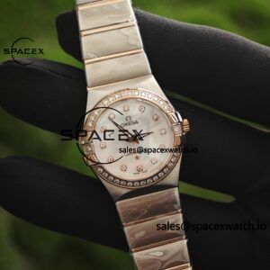 Omega Constellation 27mm imported quartz movement women's watch diamond bezel white mother of pearl dial, plated with 18K rose gold - Image 6