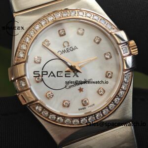 Omega Constellation 27mm imported quartz movement women's watch diamond bezel white mother of pearl dial, plated with 18K rose gold - Image 9