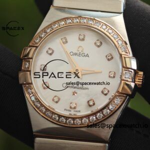 Omega Constellation 27mm imported quartz movement women's watch diamond bezel white mother of pearl dial, plated with 18K rose gold - Image 10