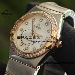 Omega Constellation 27mm imported quartz movement women's watch diamond bezel white mother of pearl dial, plated with 18K rose gold - Image 11