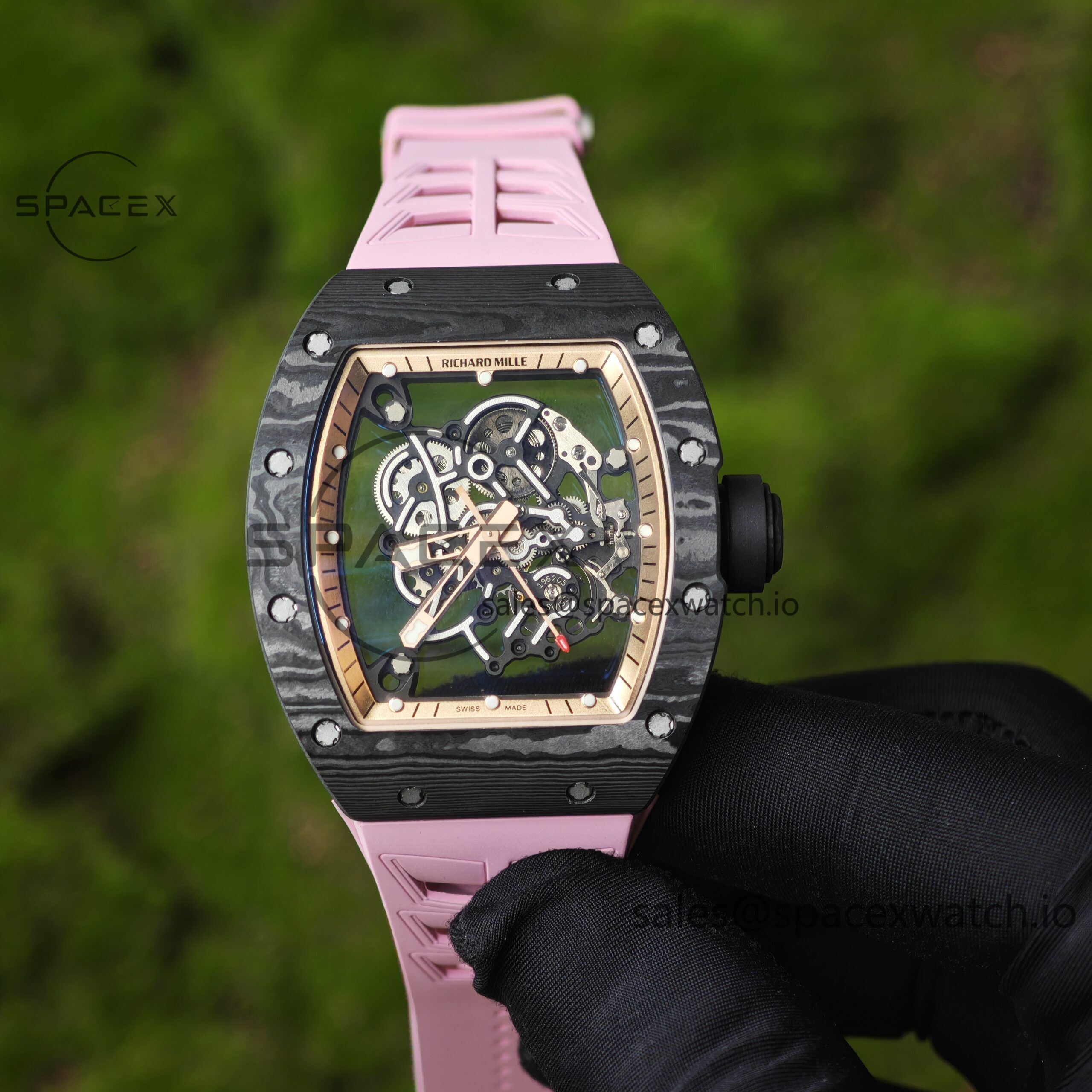 IMG_20250427_135310 Customized Black Gold RM-055, Black Carbon Fiber Case, RMUL2 Integrated Movement, Customized Pink Natural Rubber Strap (Available in More Colors), Titanium Buckle - Image 1