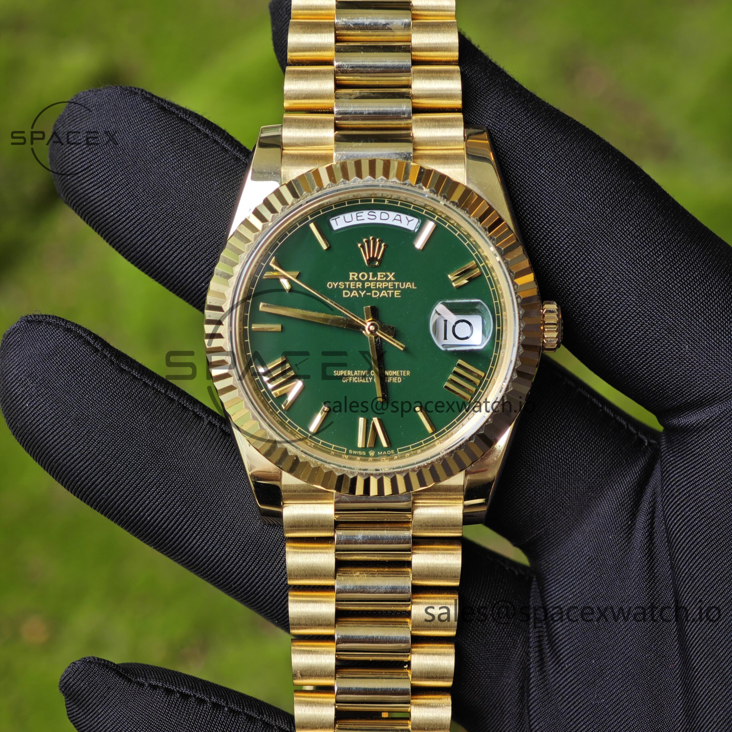 IMG_20250518_120217 40mm Rolex Day Date m 228238 gaming table green, customized with German five axis CNC technology 18K pure gold strap, German imported green dial, pointer calendar, Swiss imported ETA2836 movement, high standard assembly process - Image 1