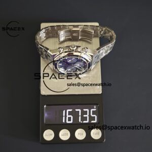 Customized AP Royal Oak 26240BC, featuring the best alternative blue dial, date display, and alternative hands. Handmade inlaid with jewelry grade natural sapphire outer ring, CNC 1:1 customized case, strap, and clasp. The entire watch is crafted with 18K white gold plating. The best 4401 integrated movement currently available on the market - Image 25