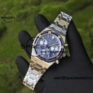 Customized AP Royal Oak 26240BC, featuring the best alternative blue dial, date display, and alternative hands. Handmade inlaid with jewelry grade natural sapphire outer ring, CNC 1:1 customized case, strap, and clasp. The entire watch is crafted with 18K white gold plating. The best 4401 integrated movement currently available on the market - Image 4