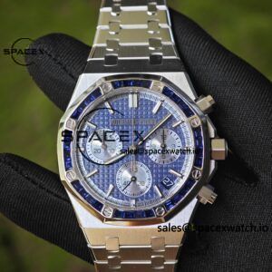 Customized AP Royal Oak 26240BC, featuring the best alternative blue dial, date display, and alternative hands. Handmade inlaid with jewelry grade natural sapphire outer ring, CNC 1:1 customized case, strap, and clasp. The entire watch is crafted with 18K white gold plating. The best 4401 integrated movement currently available on the market - Image 5