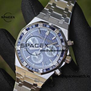 Customized AP Royal Oak 26240BC, featuring the best alternative blue dial, date display, and alternative hands. Handmade inlaid with jewelry grade natural sapphire outer ring, CNC 1:1 customized case, strap, and clasp. The entire watch is crafted with 18K white gold plating. The best 4401 integrated movement currently available on the market - Image 6