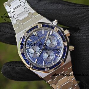 Customized AP Royal Oak 26240BC, featuring the best alternative blue dial, date display, and alternative hands. Handmade inlaid with jewelry grade natural sapphire outer ring, CNC 1:1 customized case, strap, and clasp. The entire watch is crafted with 18K white gold plating. The best 4401 integrated movement currently available on the market - Image 7