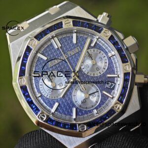 Customized AP Royal Oak 26240BC, featuring the best alternative blue dial, date display, and alternative hands. Handmade inlaid with jewelry grade natural sapphire outer ring, CNC 1:1 customized case, strap, and clasp. The entire watch is crafted with 18K white gold plating. The best 4401 integrated movement currently available on the market - Image 8