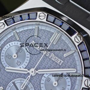 Customized AP Royal Oak 26240BC, featuring the best alternative blue dial, date display, and alternative hands. Handmade inlaid with jewelry grade natural sapphire outer ring, CNC 1:1 customized case, strap, and clasp. The entire watch is crafted with 18K white gold plating. The best 4401 integrated movement currently available on the market - Image 9