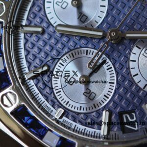 Customized AP Royal Oak 26240BC, featuring the best alternative blue dial, date display, and alternative hands. Handmade inlaid with jewelry grade natural sapphire outer ring, CNC 1:1 customized case, strap, and clasp. The entire watch is crafted with 18K white gold plating. The best 4401 integrated movement currently available on the market - Image 10