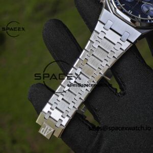 Customized AP Royal Oak 26240BC, featuring the best alternative blue dial, date display, and alternative hands. Handmade inlaid with jewelry grade natural sapphire outer ring, CNC 1:1 customized case, strap, and clasp. The entire watch is crafted with 18K white gold plating. The best 4401 integrated movement currently available on the market - Image 15