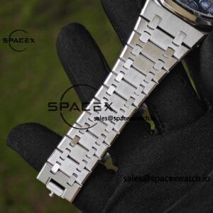 Customized AP Royal Oak 26240BC, featuring the best alternative blue dial, date display, and alternative hands. Handmade inlaid with jewelry grade natural sapphire outer ring, CNC 1:1 customized case, strap, and clasp. The entire watch is crafted with 18K white gold plating. The best 4401 integrated movement currently available on the market - Image 16