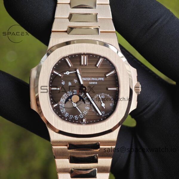 Patek Philippe Nautilus rose gold 5712R, 1:1 customized CNC18K pure gold case, 18K pure gold full-length bracelet. The best substitute for the dial pointer moon phase, ball top needle shaft, customized ACE240 integrated movement - Image 1