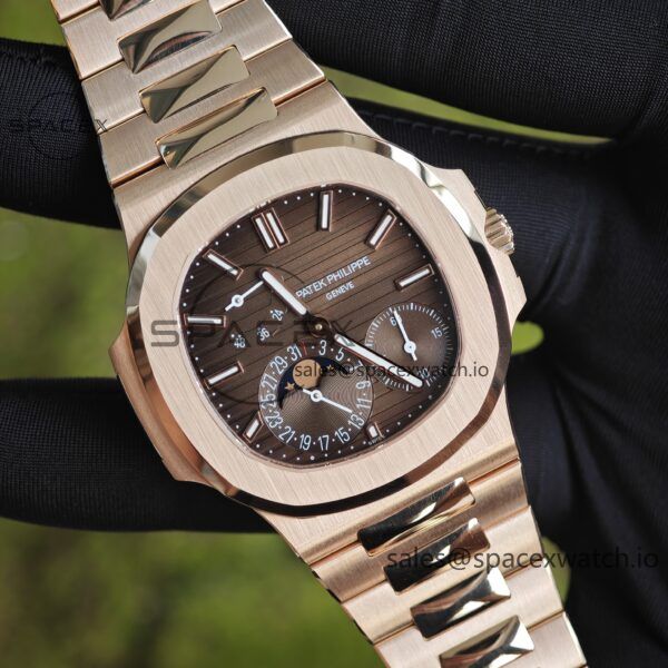 Patek Philippe Nautilus rose gold 5712R, 1:1 customized CNC18K pure gold case, 18K pure gold full-length bracelet. The best substitute for the dial pointer moon phase, ball top needle shaft, customized ACE240 integrated movement - Image 3