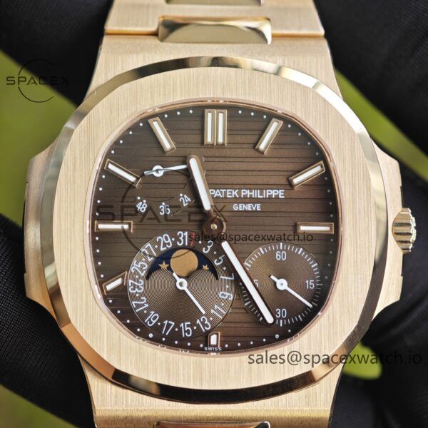 Patek Philippe Nautilus rose gold 5712R, 1:1 customized CNC18K pure gold case, 18K pure gold full-length bracelet. The best substitute for the dial pointer moon phase, ball top needle shaft, customized ACE240 integrated movement - Image 5