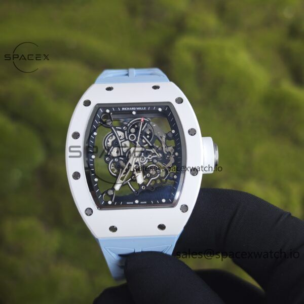 Richard Mir RM055， Original data 1:1 customized best white ceramic case, genuine Parmigiani movement modified RMUL2 movement, natural rubber blue shark strap, high transparency curved sapphire crystal, titanium buckle - Image 1