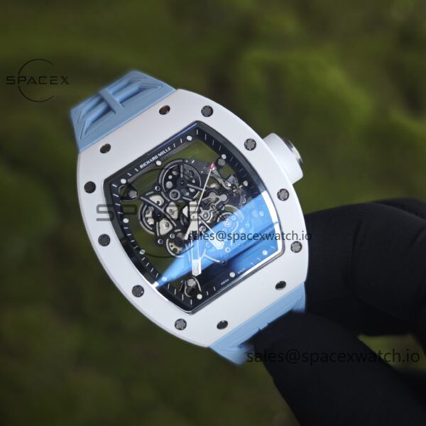 Richard Mir RM055， Original data 1:1 customized best white ceramic case, genuine Parmigiani movement modified RMUL2 movement, natural rubber blue shark strap, high transparency curved sapphire crystal, titanium buckle - Image 3
