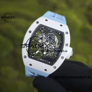 Richard Mir RM055， Original data 1:1 customized best white ceramic case, genuine Parmigiani movement modified RMUL2 movement, natural rubber blue shark strap, high transparency curved sapphire crystal, titanium buckle - Image 4