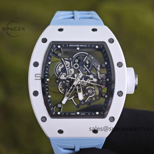 Richard Mir RM055， Original data 1:1 customized best white ceramic case, genuine Parmigiani movement modified RMUL2 movement, natural rubber blue shark strap, high transparency curved sapphire crystal, titanium buckle - Image 5