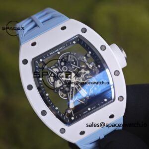 Richard Mir RM055， Original data 1:1 customized best white ceramic case, genuine Parmigiani movement modified RMUL2 movement, natural rubber blue shark strap, high transparency curved sapphire crystal, titanium buckle - Image 6