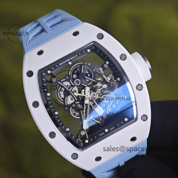 Richard Mir RM055， Original data 1:1 customized best white ceramic case, genuine Parmigiani movement modified RMUL2 movement, natural rubber blue shark strap, high transparency curved sapphire crystal, titanium buckle - Image 6