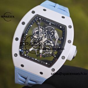Richard Mir RM055， Original data 1:1 customized best white ceramic case, genuine Parmigiani movement modified RMUL2 movement, natural rubber blue shark strap, high transparency curved sapphire crystal, titanium buckle - Image 7