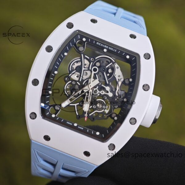 Richard Mir RM055， Original data 1:1 customized best white ceramic case, genuine Parmigiani movement modified RMUL2 movement, natural rubber blue shark strap, high transparency curved sapphire crystal, titanium buckle - Image 7