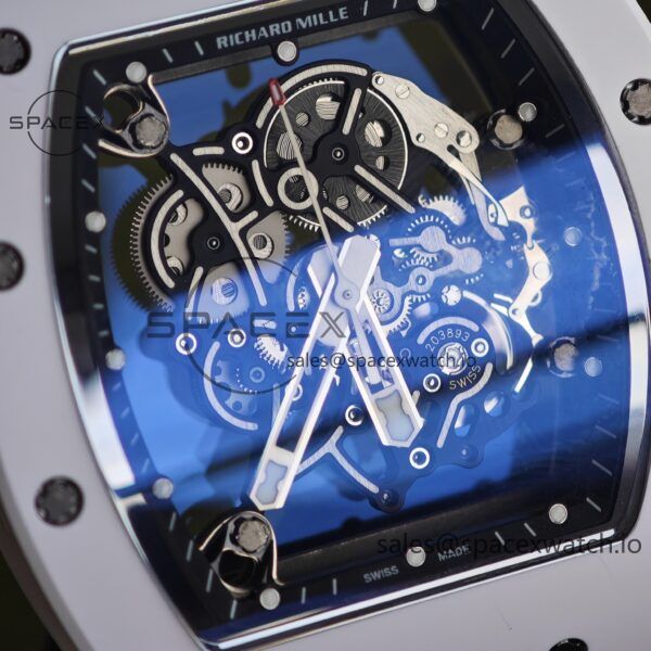 Richard Mir RM055， Original data 1:1 customized best white ceramic case, genuine Parmigiani movement modified RMUL2 movement, natural rubber blue shark strap, high transparency curved sapphire crystal, titanium buckle - Image 8