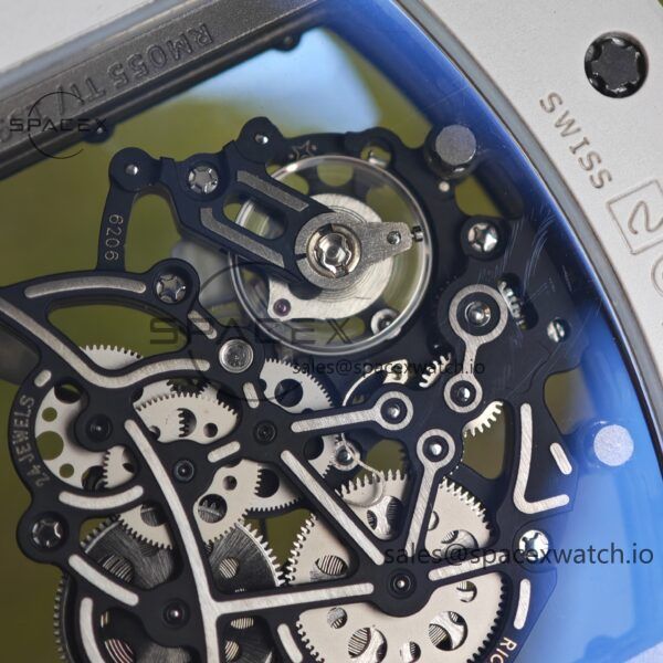 Richard Mir RM055， Original data 1:1 customized best white ceramic case, genuine Parmigiani movement modified RMUL2 movement, natural rubber blue shark strap, high transparency curved sapphire crystal, titanium buckle - Image 14