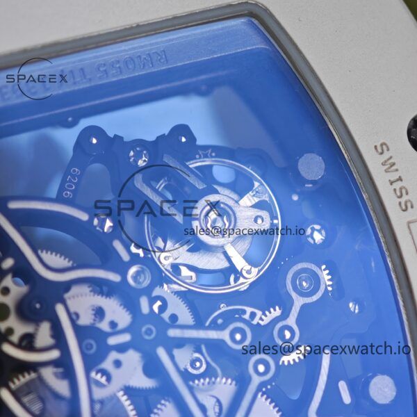 Richard Mir RM055， Original data 1:1 customized best white ceramic case, genuine Parmigiani movement modified RMUL2 movement, natural rubber blue shark strap, high transparency curved sapphire crystal, titanium buckle - Image 15