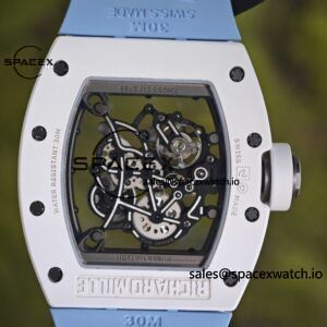 Richard Mir RM055， Original data 1:1 customized best white ceramic case, genuine Parmigiani movement modified RMUL2 movement, natural rubber blue shark strap, high transparency curved sapphire crystal, titanium buckle - Image 11