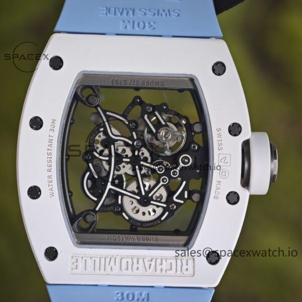Richard Mir RM055， Original data 1:1 customized best white ceramic case, genuine Parmigiani movement modified RMUL2 movement, natural rubber blue shark strap, high transparency curved sapphire crystal, titanium buckle - Image 11