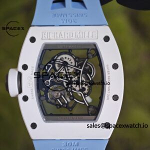 Richard Mir RM055， Original data 1:1 customized best white ceramic case, genuine Parmigiani movement modified RMUL2 movement, natural rubber blue shark strap, high transparency curved sapphire crystal, titanium buckle - Image 12