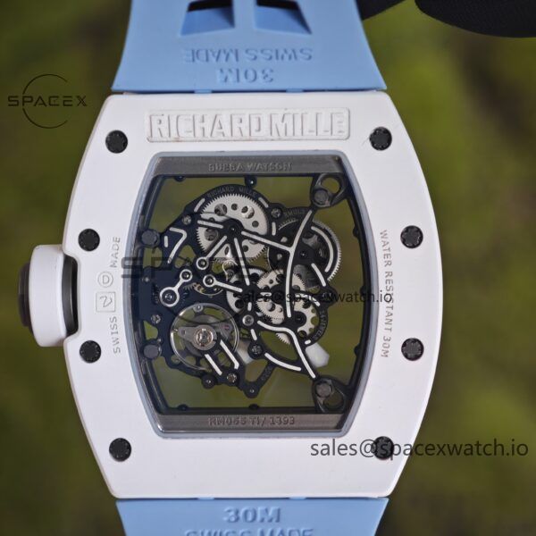 Richard Mir RM055， Original data 1:1 customized best white ceramic case, genuine Parmigiani movement modified RMUL2 movement, natural rubber blue shark strap, high transparency curved sapphire crystal, titanium buckle - Image 12