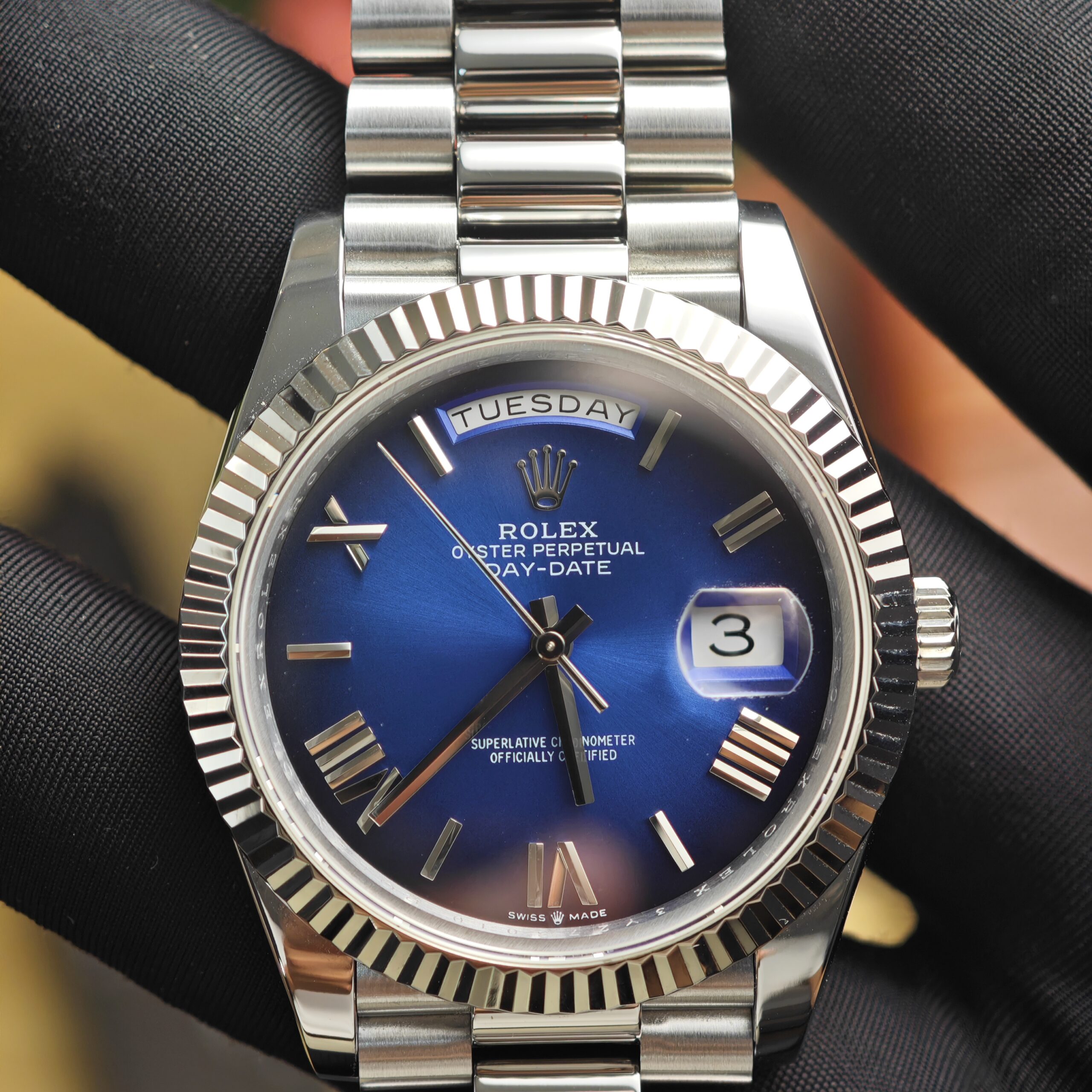 IMG 20250824 190606 Rolex Day Date 228239 Blue Roman numeral dial, GM weighted case, THB strap, dial correction, hands polished twice, total weight 196g, 3255 integrated movement - Image 1