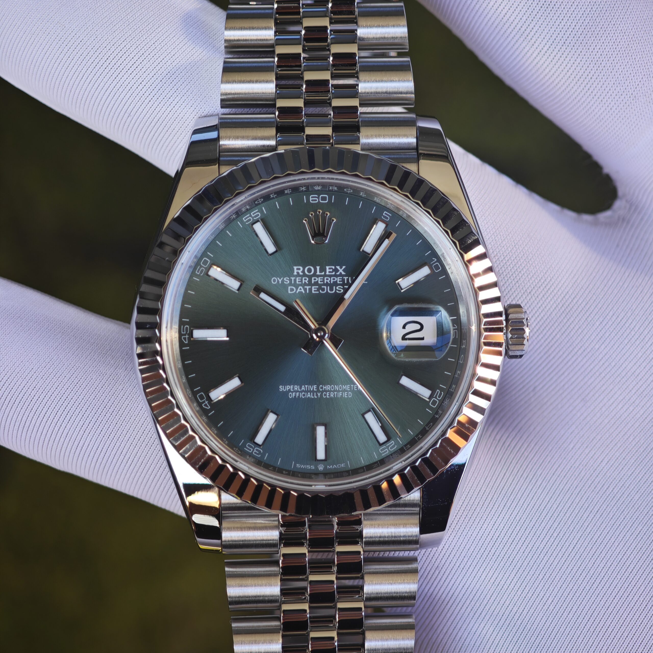 IMG 20250828 172324 41mm Rolex DateJust m126300 green dial, customized and modified genuine watch accessories, dial, hands, mirror, crown four piece set. Dandong 3235 integrated movement, 904L steel strap - Image 1