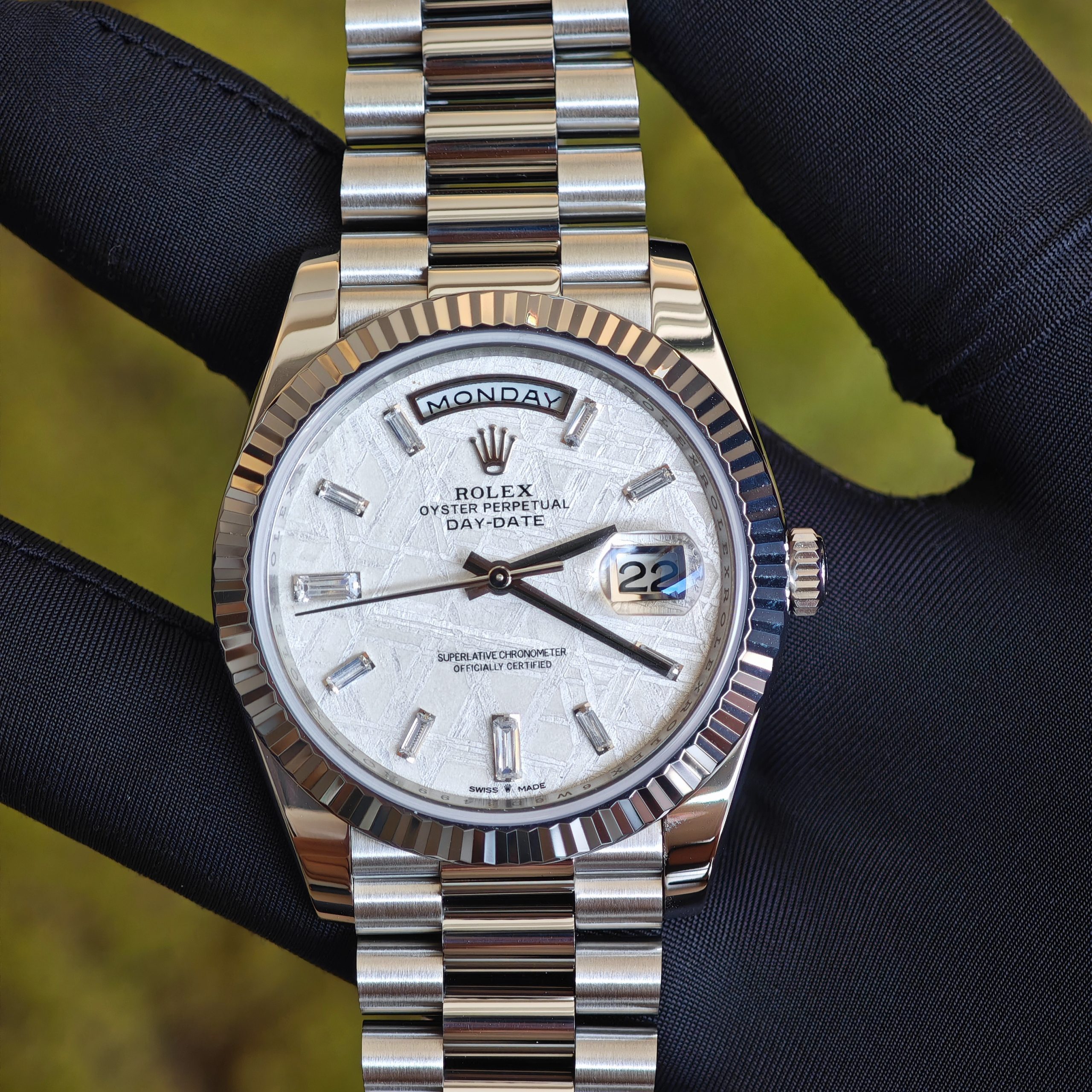 202509 114 Rolex Day Date 228239 meteorite dial, weighted case, strap, electroplated 18K white gold craftsmanship, dial correction, solid needle shaft, 3255 integrated movement - Image 1