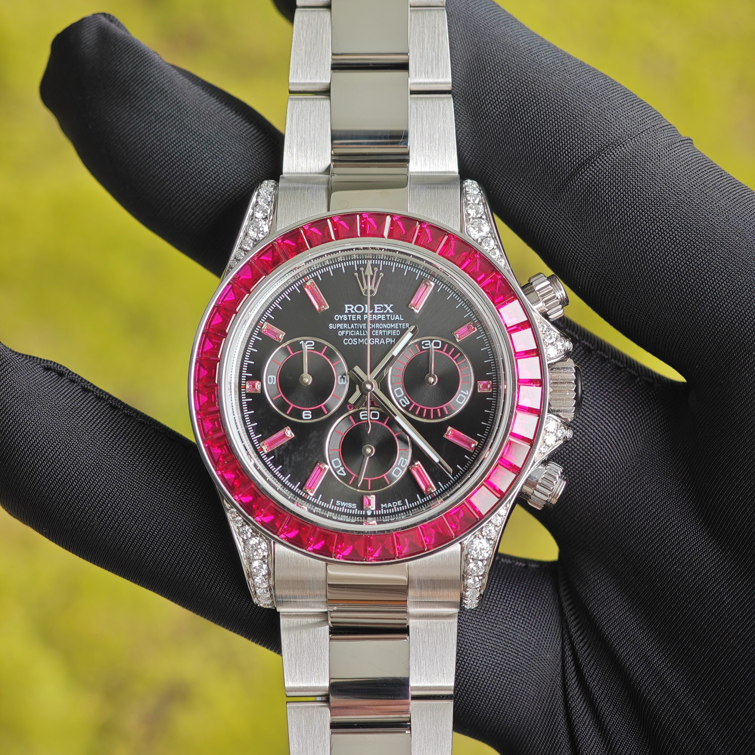 202509 14 Rolex Daytona VIP watch model 126599TRU 1:1CNC customized case, strap, buckle, customized best dial, and hands. Handmade inlaid natural ruby outer ring, Dandong 4130 movement - Image 1
