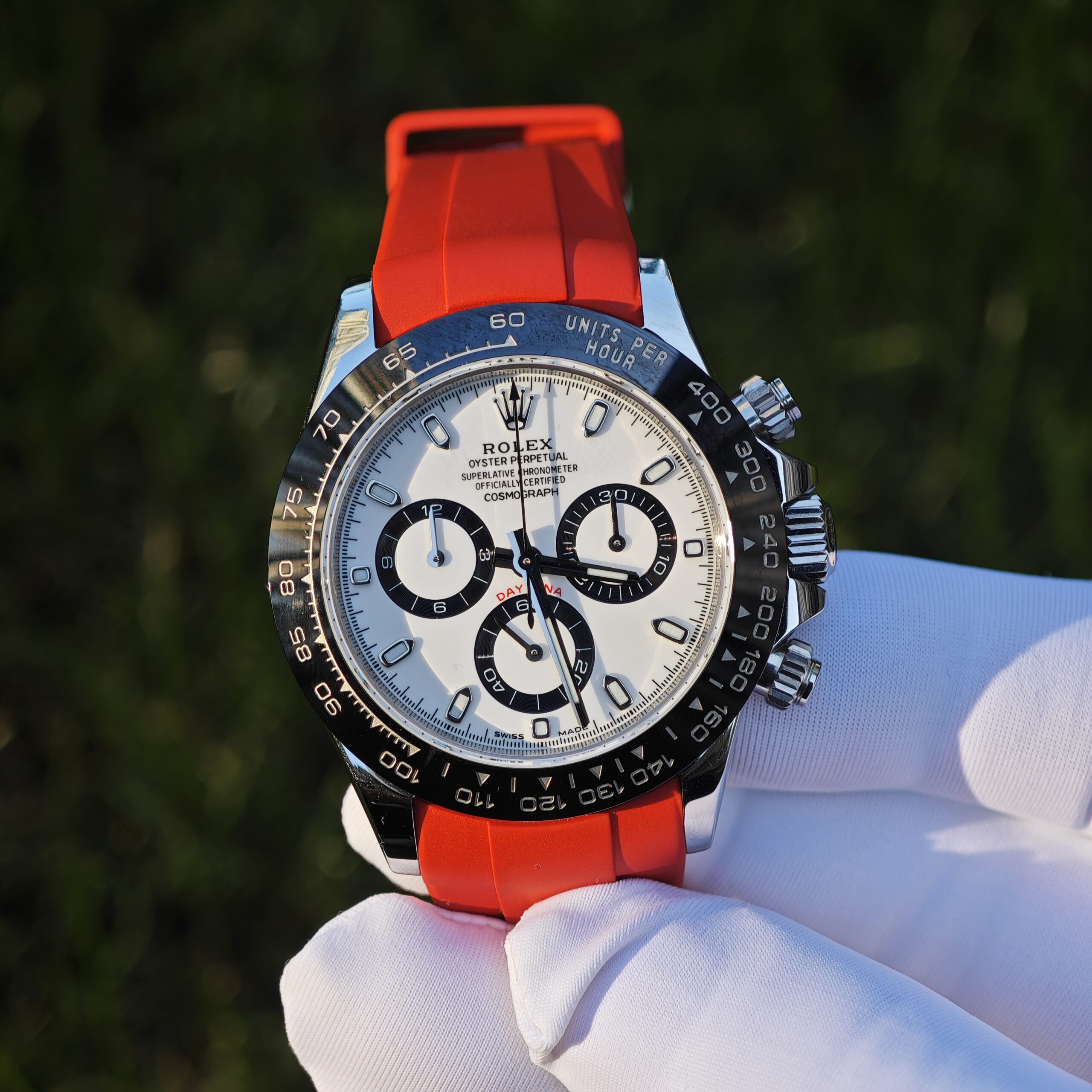 IMG 20241202 152905 Rolex Daytona 116500 Panda, custom imported dial, hands, and ceramic bezel. The case has undergone secondary polishing, paired with a red fluororubber strap and equipped with a Dandong 4130 integrated movement - Image 1